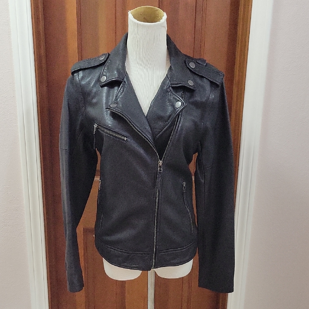 Treasure & Bond Black Genuine Leather Moto Jacket Convertable To Vest